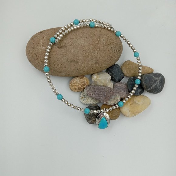 Vintage Sterling Silver Beaded Turquoise Choker - Picture 1 of 16